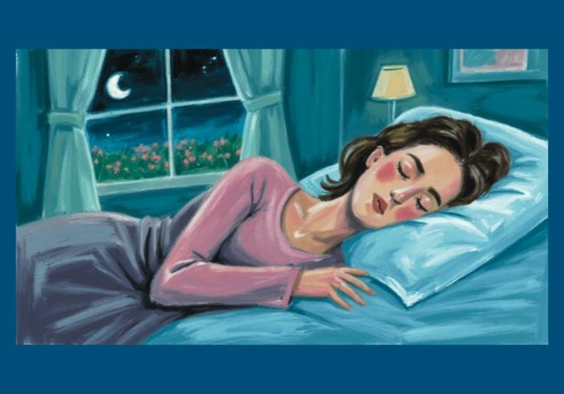 Woman lying on her side in bed breathing calmly through her nose
