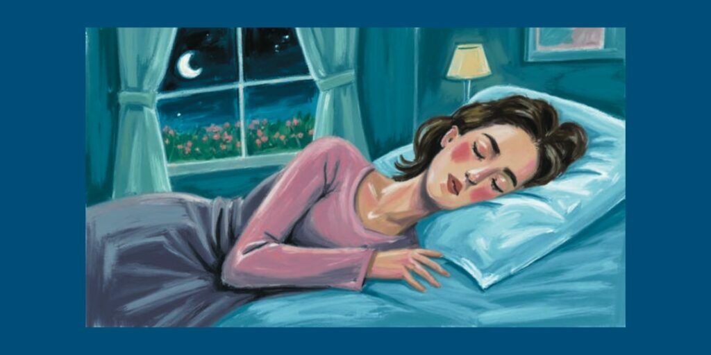 Woman lying on her side in bed breathing calmly through her nose