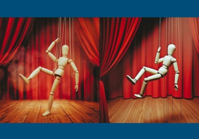 Wooden puppet with strings pulling its limbs in a theatre, symbolising restless legs syndrome and PLMD during sleep.