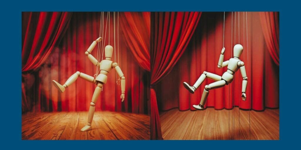Wooden puppet with strings pulling its limbs in a theatre, symbolising restless legs syndrome and PLMD during sleep.
