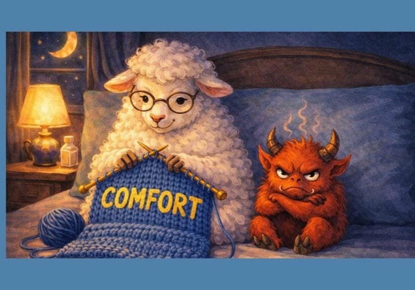 Sheep knitting a comfort blanket while a sulky gremlin representing discomfort sits beside it in bed, symbolising how you can learn to sleep with pain.