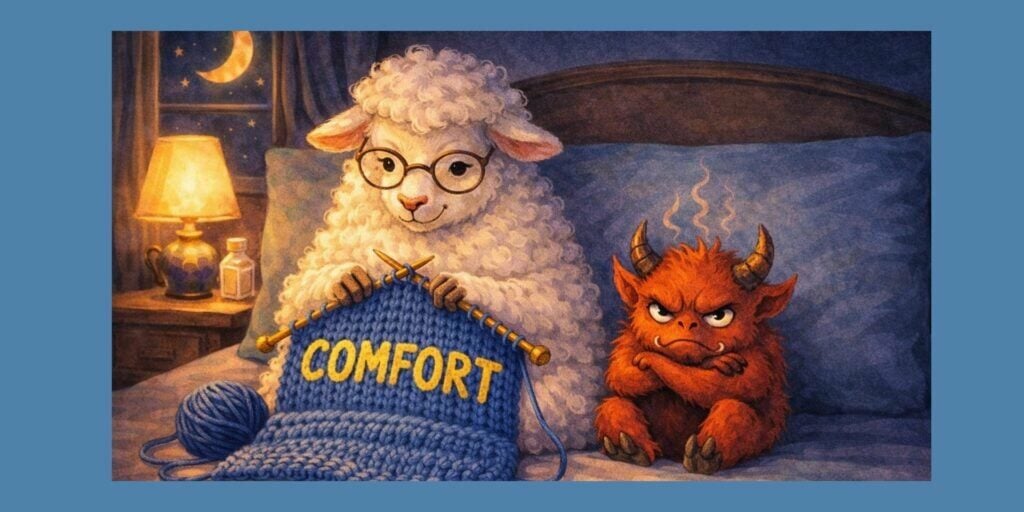 Sheep knitting a comfort blanket while a sulky gremlin representing discomfort sits beside it in bed, symbolising how you can learn to sleep with pain.