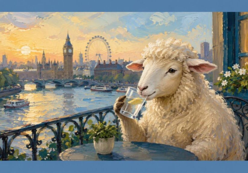 Oil painting of a sheep drinking lemon water on a balcony overlooking the River Thames at sunrise
