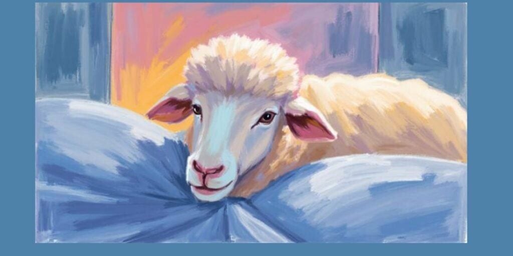 Sheep lying awake in bed at unusual hours, illustrating insomnia and shift work sleep problems