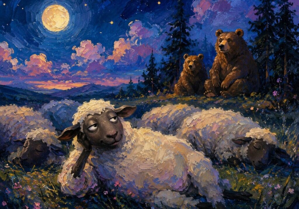 Oil painting of amused sheep trying to sleep while calm bears watch in the distance, symbolising hypervigilance and difficulty sleeping before an important event.
