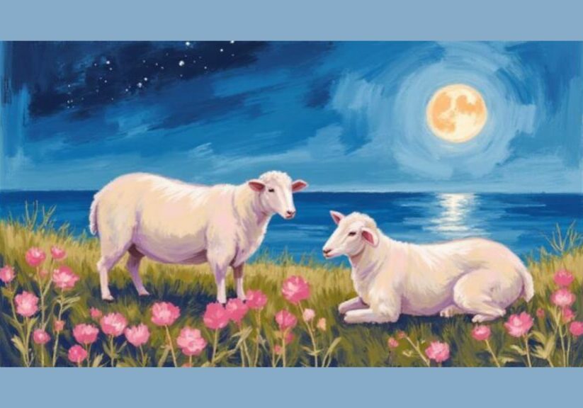 Two sheep resting calmly under a moonlit sky by the sea, representing the mind settling and tension easing during sleep