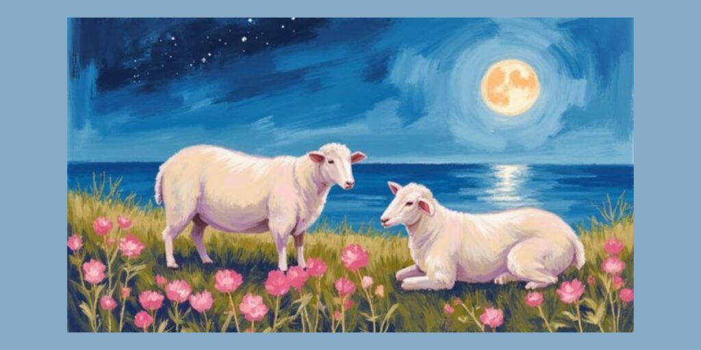 Two sheep resting calmly under a moonlit sky by the sea, representing the mind settling and tension easing during sleep