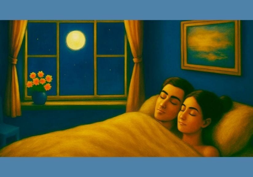 Couple sleeping peacefully in bed with heads touching, moonlight through window, calm night scene