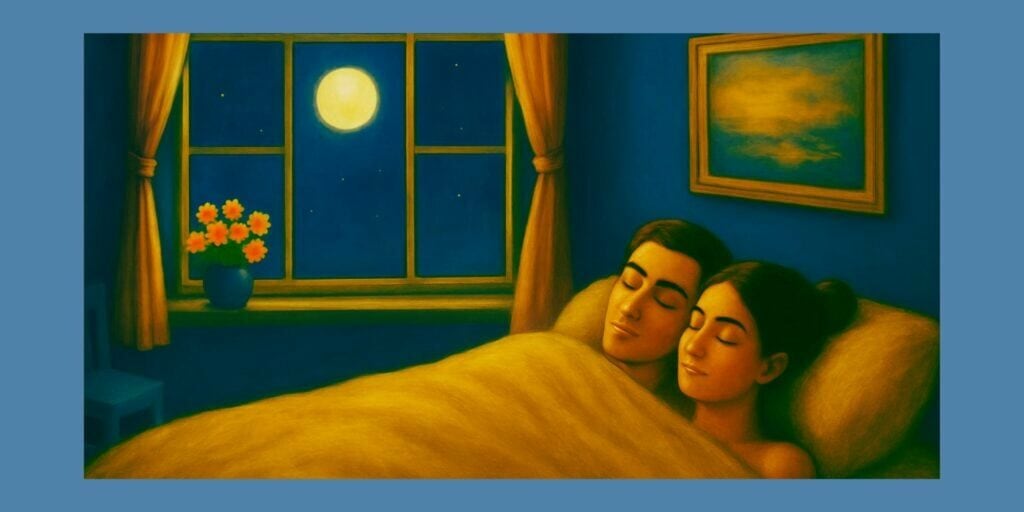 Couple sleeping peacefully in bed with heads touching, moonlight through window, calm night scene
