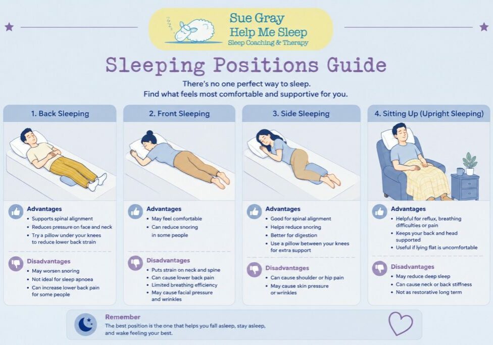 Guide showing back sleeping, front sleeping, side sleeping and upright sleeping positions with advantages and disadvantages