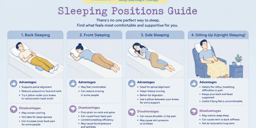Guide showing back sleeping, front sleeping, side sleeping and upright sleeping positions with advantages and disadvantages