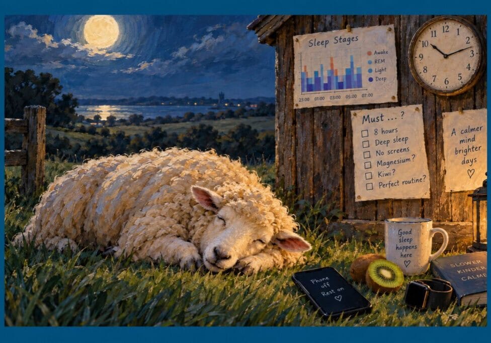 Sleeping sheep beside sleep charts, clock, phone, smartwatch and kiwi, illustrating the pressure of SleepMaxxing.