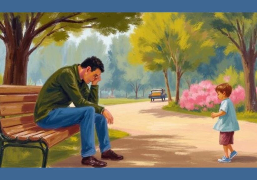 Tired man sitting on a park bench while a child stands nearby showing effects of poor sleep