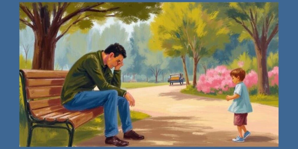 Tired man sitting on a park bench while a child stands nearby showing effects of poor sleep