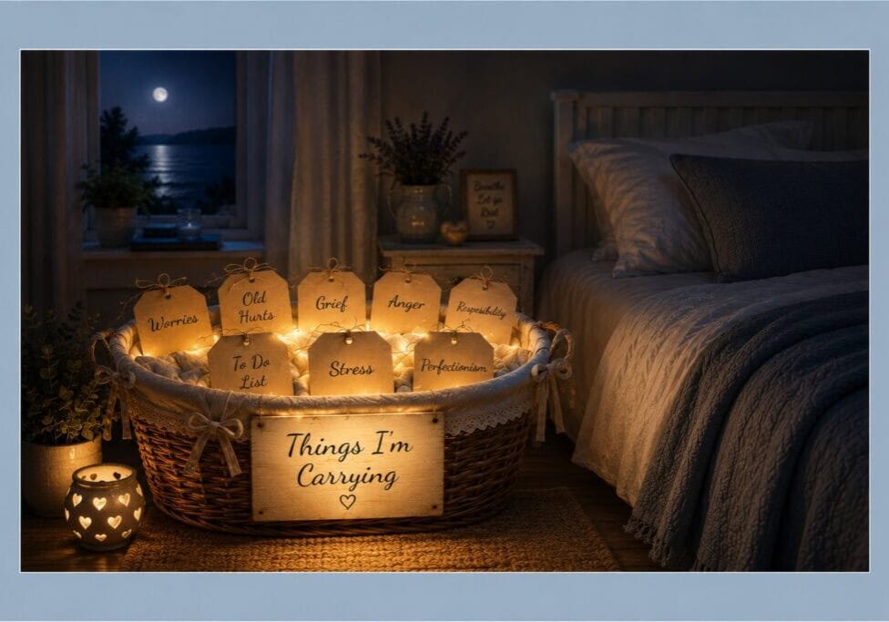 Basket labelled "Things I'm Carrying" beside a bed at night, representing emotional burdens, grief, worries and stress that can affect sleep.
