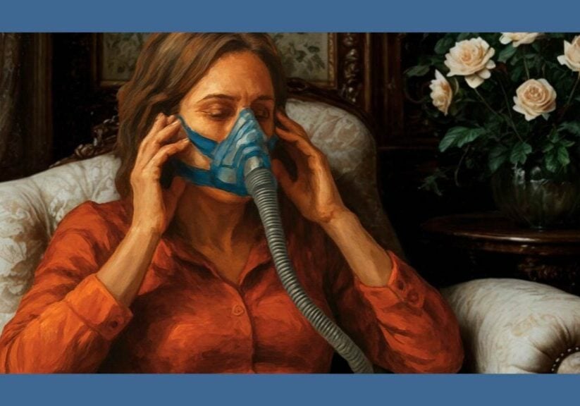 Woman practising wearing a CPAP mask during the day to get used to sleep apnoea treatment.