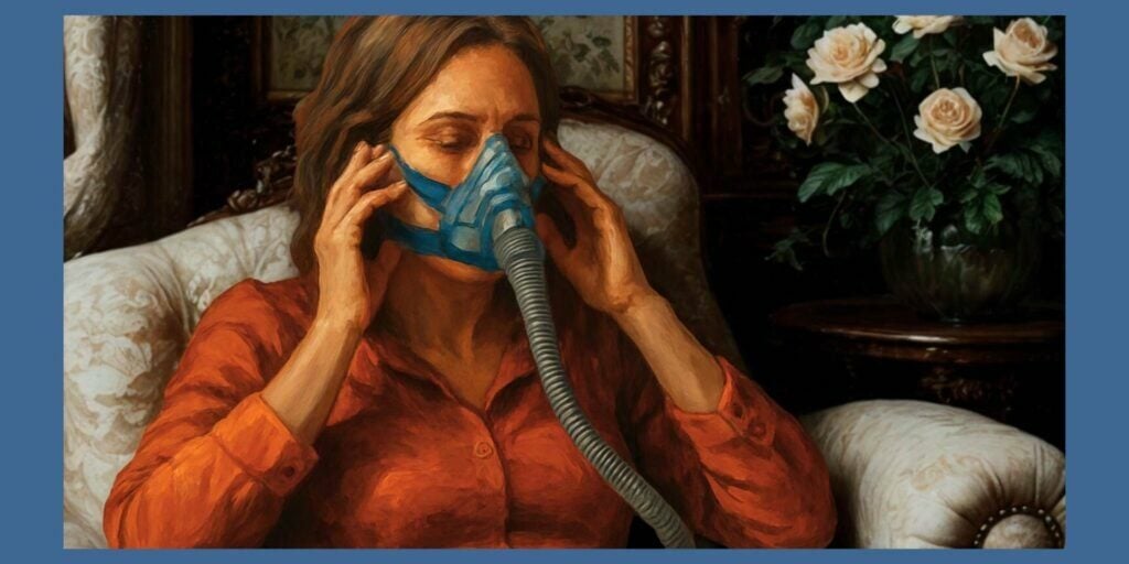 Woman practising wearing a CPAP mask during the day to get used to sleep apnoea treatment.