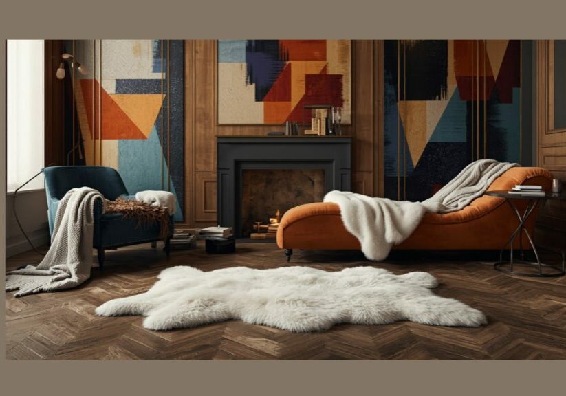 Traditional wool blankets and sheepskin rug in a modern room creating a warm, comfortable space for sleep and relaxation