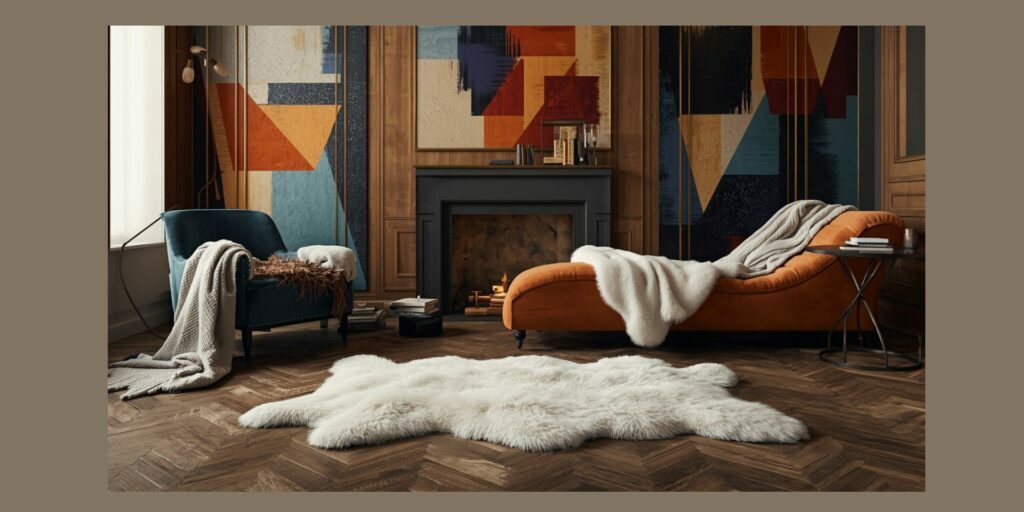 Traditional wool blankets and sheepskin rug in a modern room creating a warm, comfortable space for sleep and relaxation