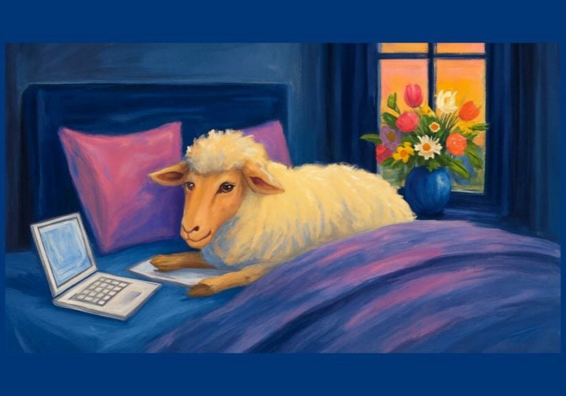 Sheep lying awake in bed with book and laptop, unable to sleep as dawn breaks