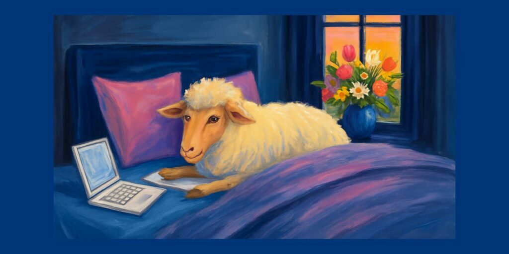 Sheep lying awake in bed with book and laptop, unable to sleep as dawn breaks